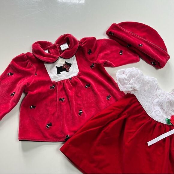 TWO Vintage 1990s Red Velvet Baby Dresses Lacey Floral Schnauzer Dog with Hat - Picture 3 of 13